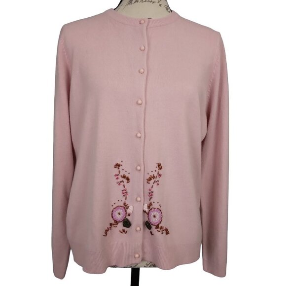 Vintage Pink Pastel Embroidered Beaded Applique Cardigan Sweater | Size L - Picture 1 of 10